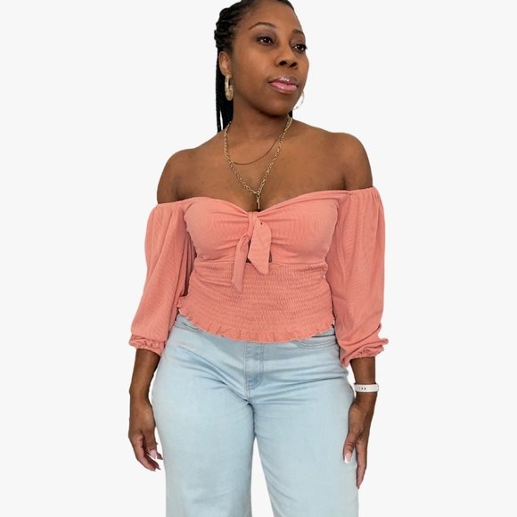 (NWT) Smocked Keyhole Off-Shoulder Top - Salmon - Picture 1 of 8
